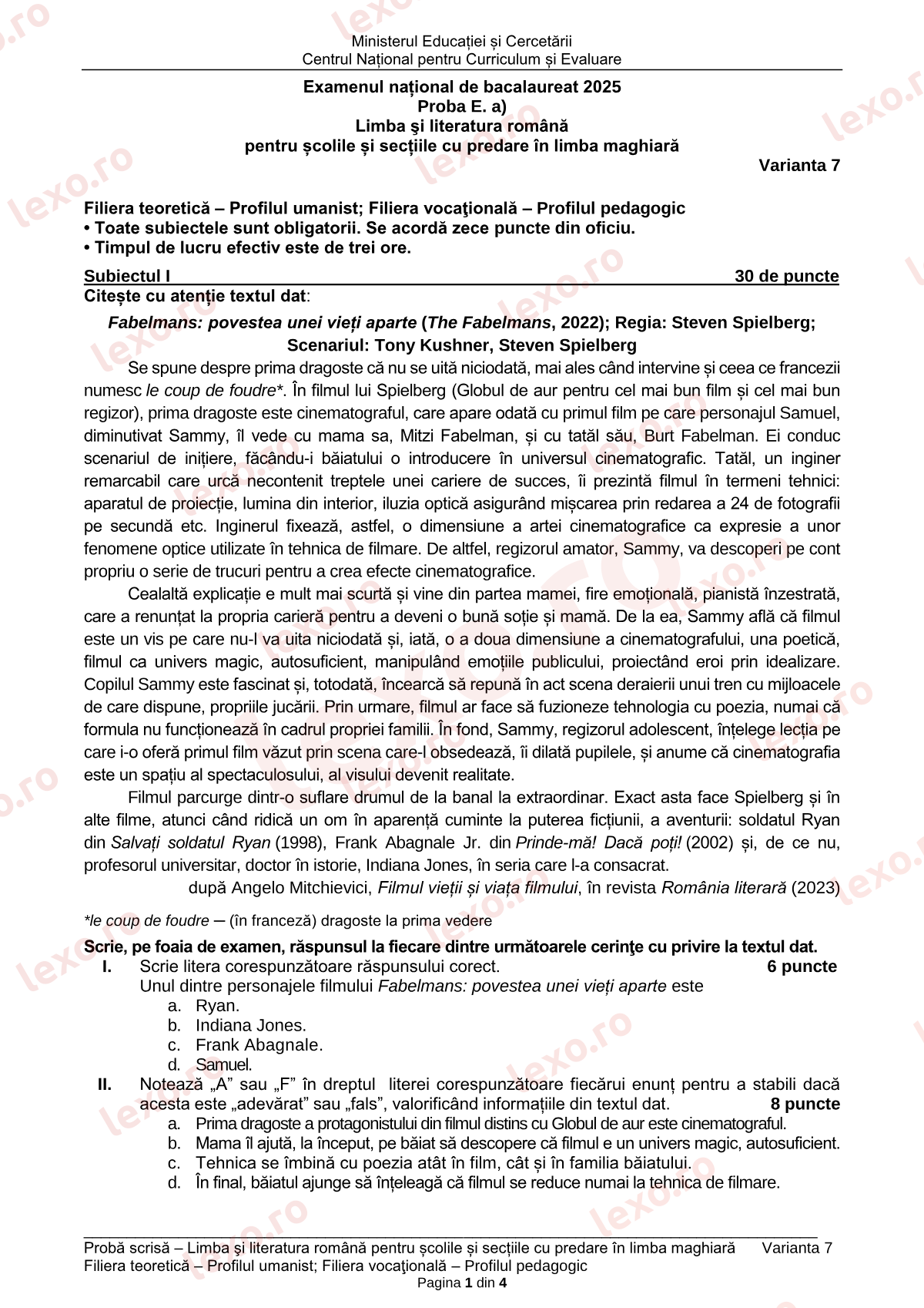 Subiecte Bacalaureat 2025 – Limba română pentru minoritatea maghiară — profil teoretic umanist – sesiunea iunie–iulie (subiect + barem)