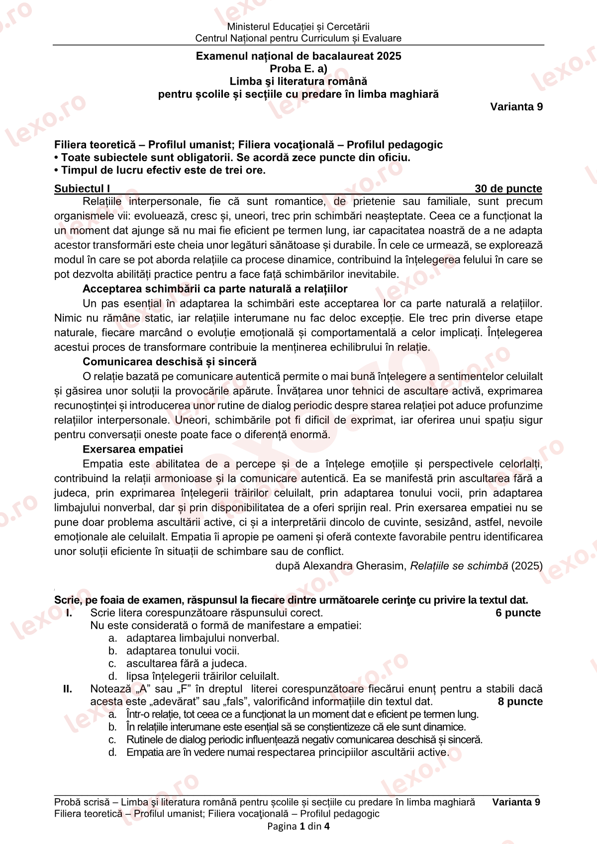 Subiecte Bacalaureat 2025 – Limba română pentru minoritatea maghiară — profil teoretic umanist – sesiunea august–septembrie (subiect + barem)