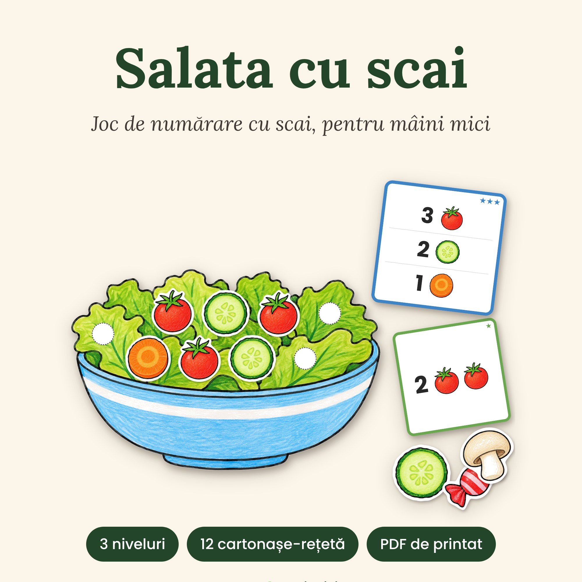 Salata cu scai – joc de numărare cu 3 niveluri (educație specială, grădiniță, terapie)