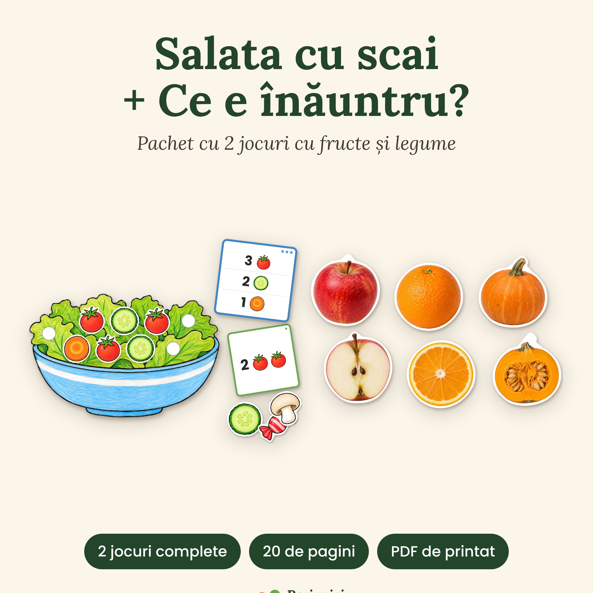 Pachet: Salata cu scai + Ce e înăuntru? – 2 jocuri cu fructe și legume (3 niveluri fiecare)